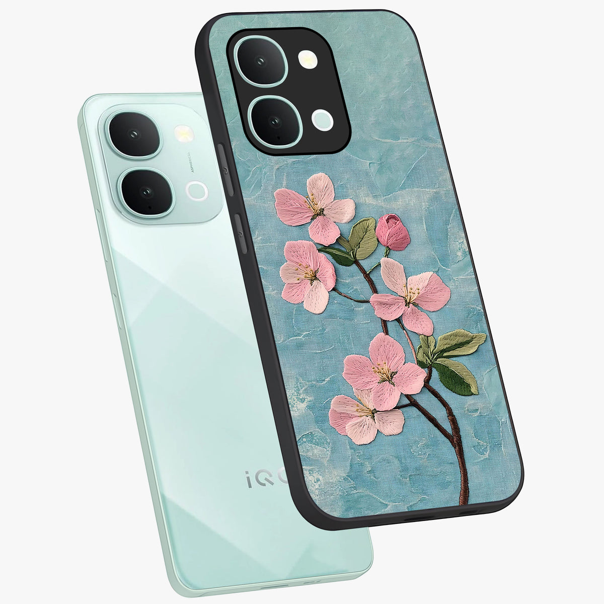 Threaded Blossom Breeze Glass Case displayed in angled mockup highlighting elegant floral design with soft aesthetic style.