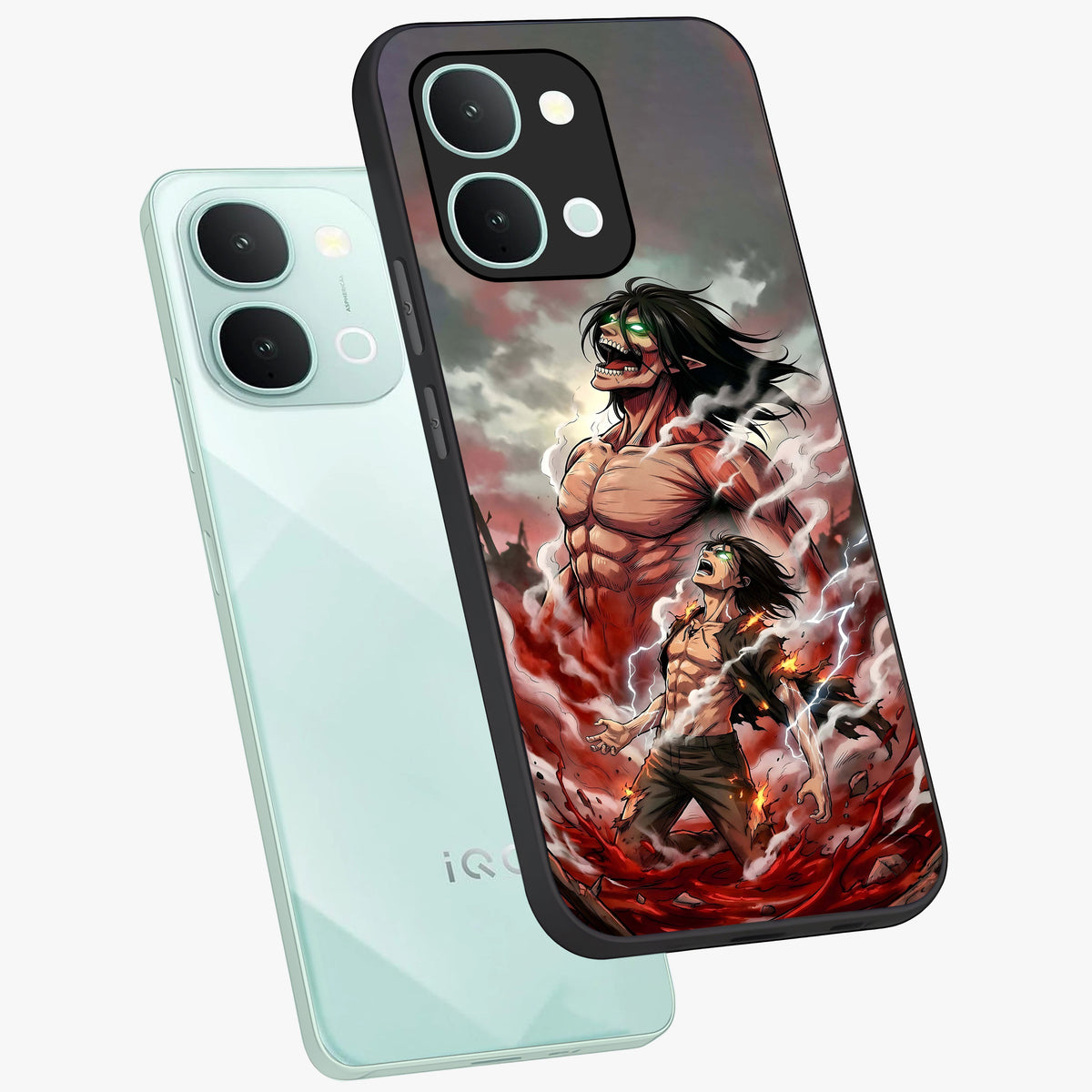 Titan Awakening Fury Glass Case displayed in angled mockup highlighting dramatic giant warrior design with bold anime aesthetic.