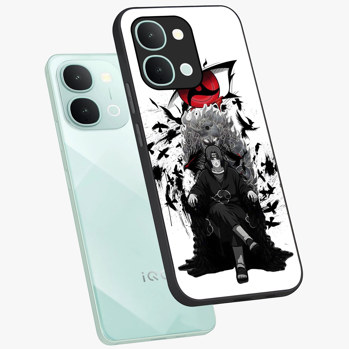 Uchiha Shadow Throne Glass Case displayed in angled mockup highlighting glowing aquatic design with celestial aesthetic.