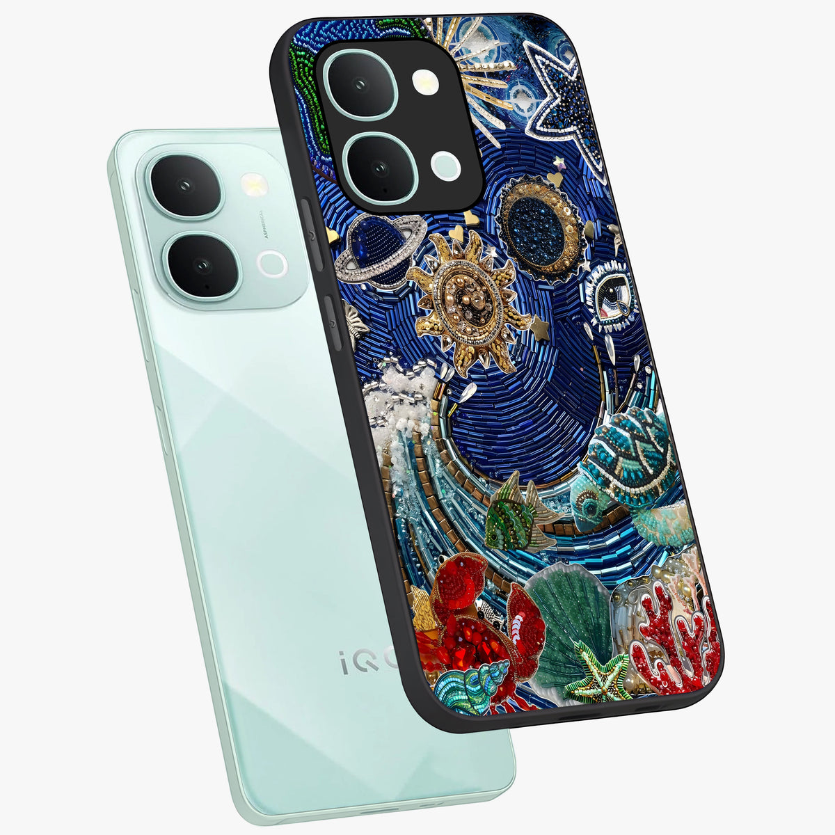 Universe Underwater Spark Glass Case displayed in angled mockup highlighting glowing aquatic design with celestial aesthetic.