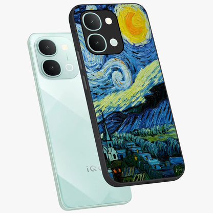Van Gogh Art Glass Case displayed in angled mockup highlighting swirling brushstroke design with artistic aesthetic.