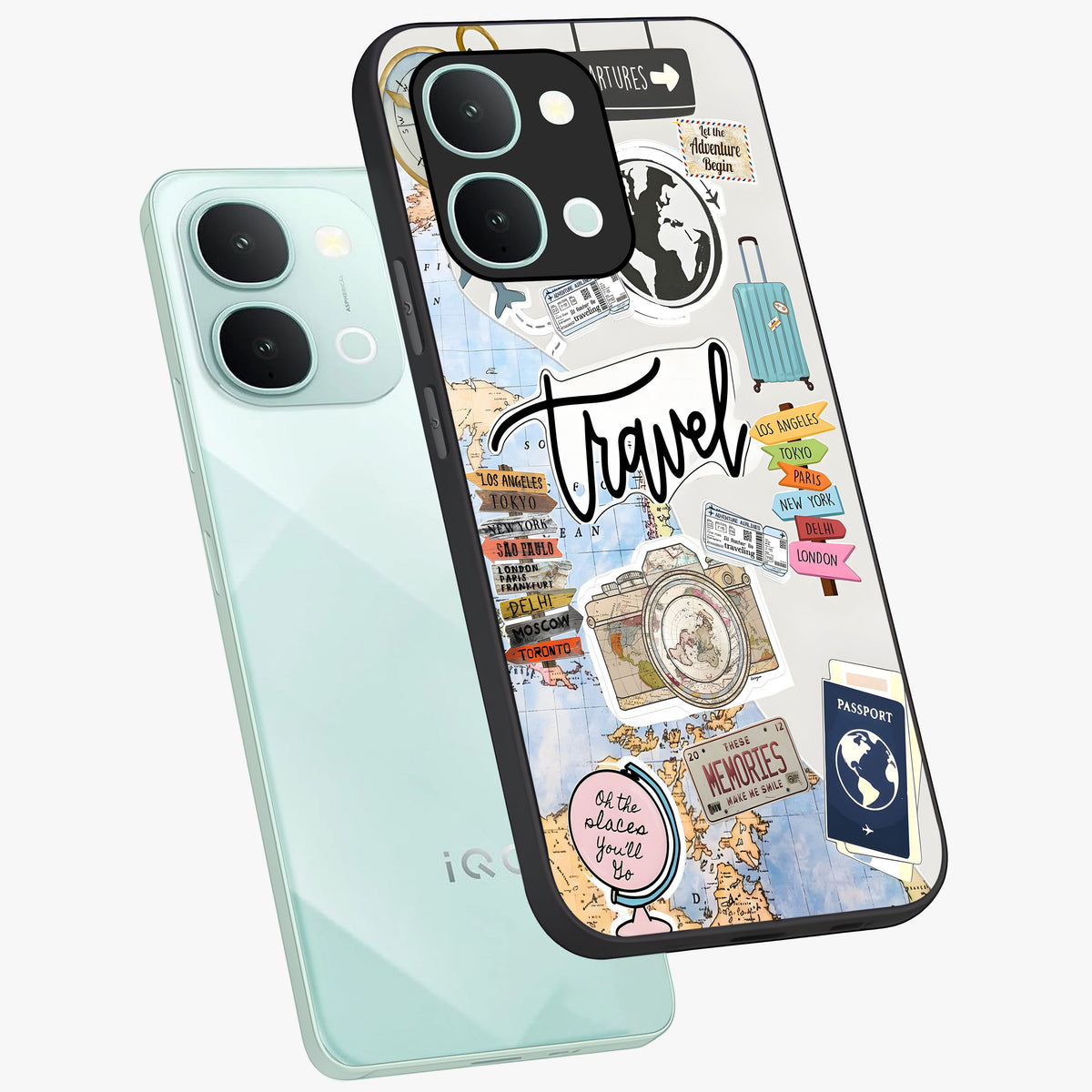 Wanderlust Journal Glass Case displayed in angled mockup highlighting adventure themed design with aesthetic travel vibe.