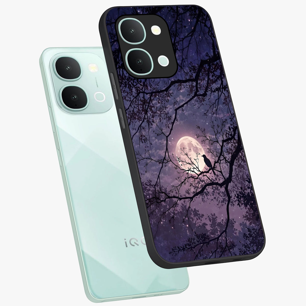 Whispering Moon Silence Glass Case displayed in angled mockup highlighting calm lunar design with dreamy night aesthetic.