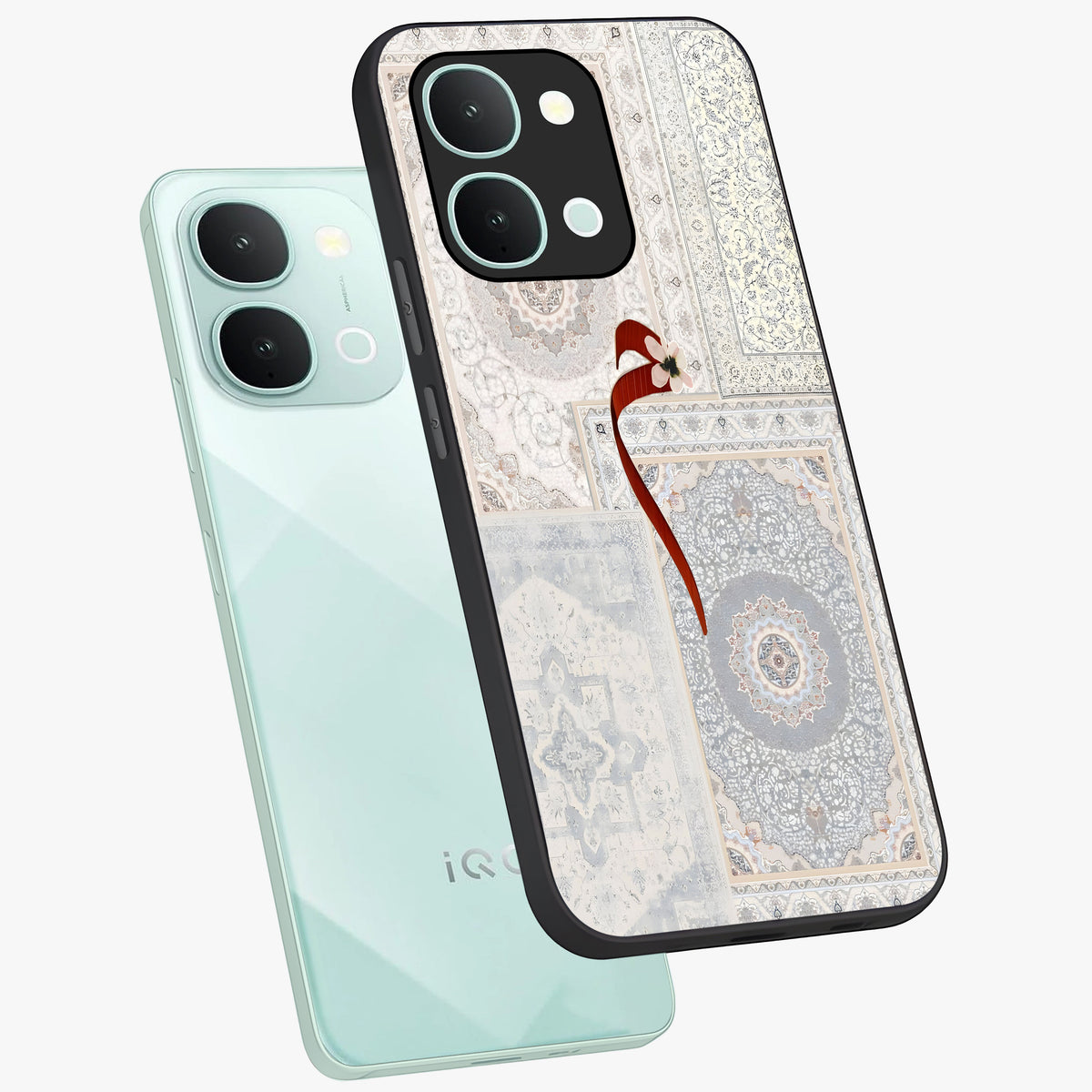 White Aesthetic Bow Glass Case displayed in angled mockup highlighting clean bow design with soft aesthetic style.