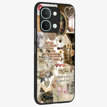 Aesthetic Brown Vintage Collage Glass Case upright view showcasing nostalgic retro artwork with stylish vintage theme.