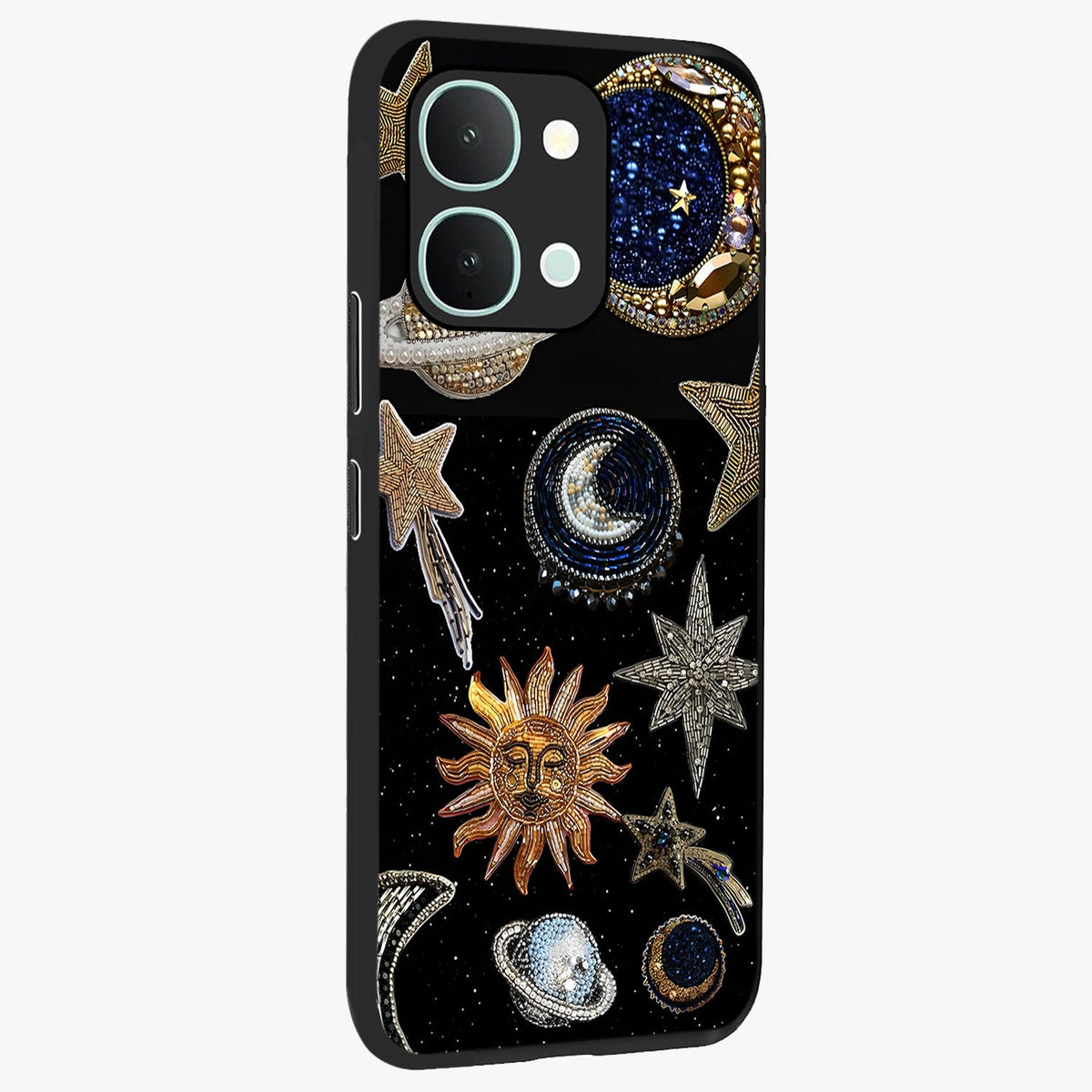 Celestial Gem Constellations Glass Case upright view showcasing cosmic constellation artwork with celestial aesthetic style.