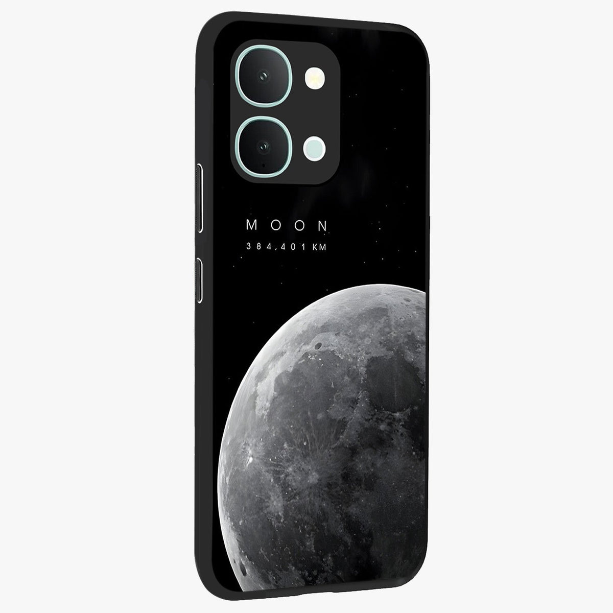 Cosmic Moon Glow Glass Case upright view showcasing luminous moon illustration with dreamy cosmic style.
