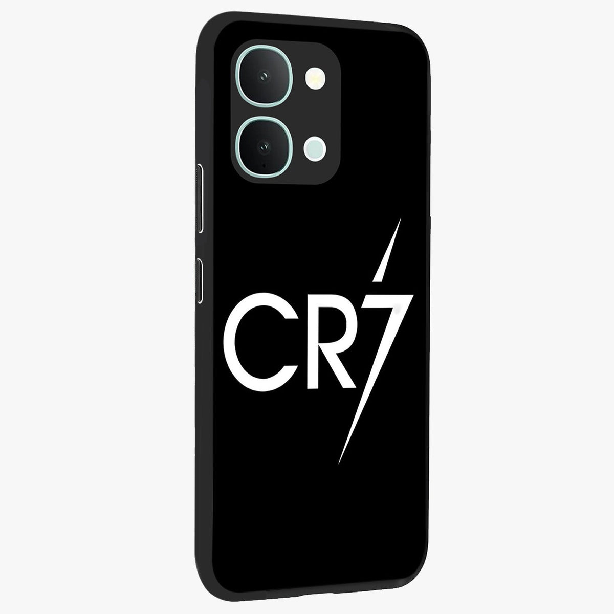 Cr7 Elite Strike Glass Case upright view showcasing energetic football inspired design with modern sports aesthetic.