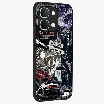 Die Young Glass Case upright view showcasing striking typography artwork with modern statement theme.