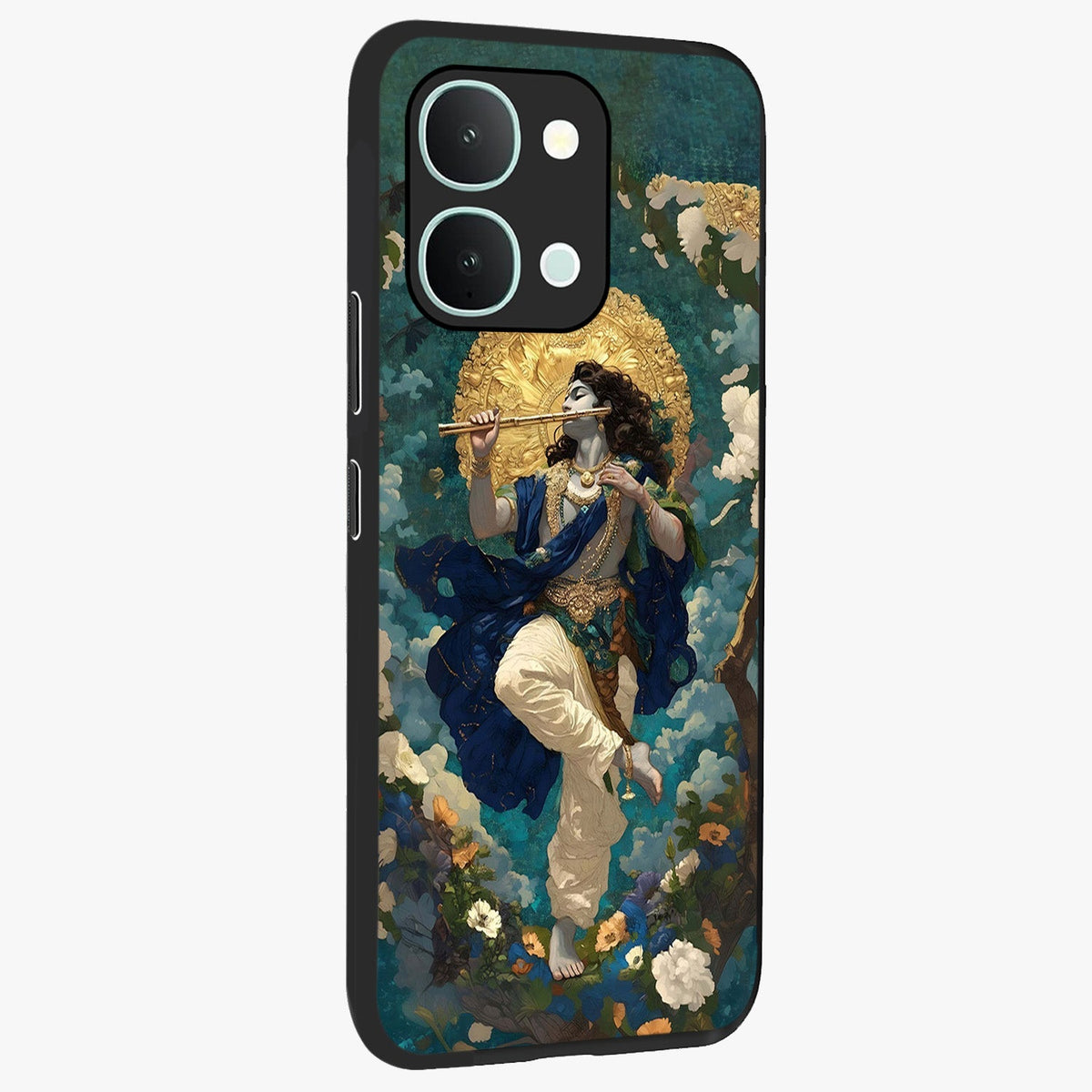 Divine Krishna Art Glass Case upright view showcasing divine Krishna artwork with sacred artistic theme.