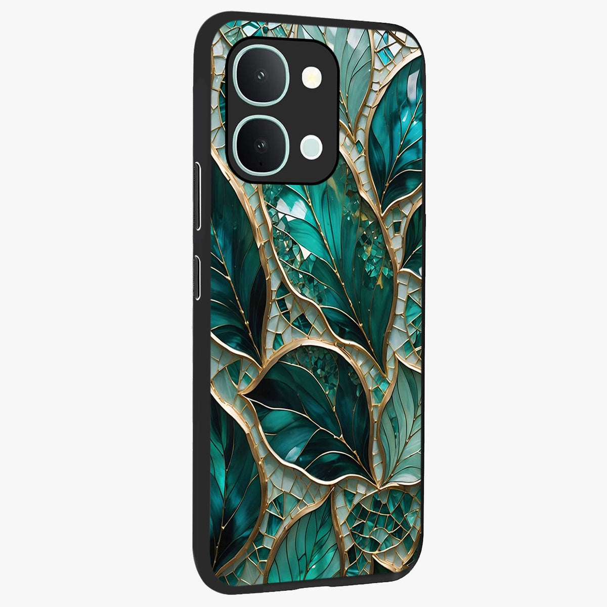 Emerald Leaf Glass Glass Case upright view showcasing fresh green leaf artwork with calming nature inspired style.