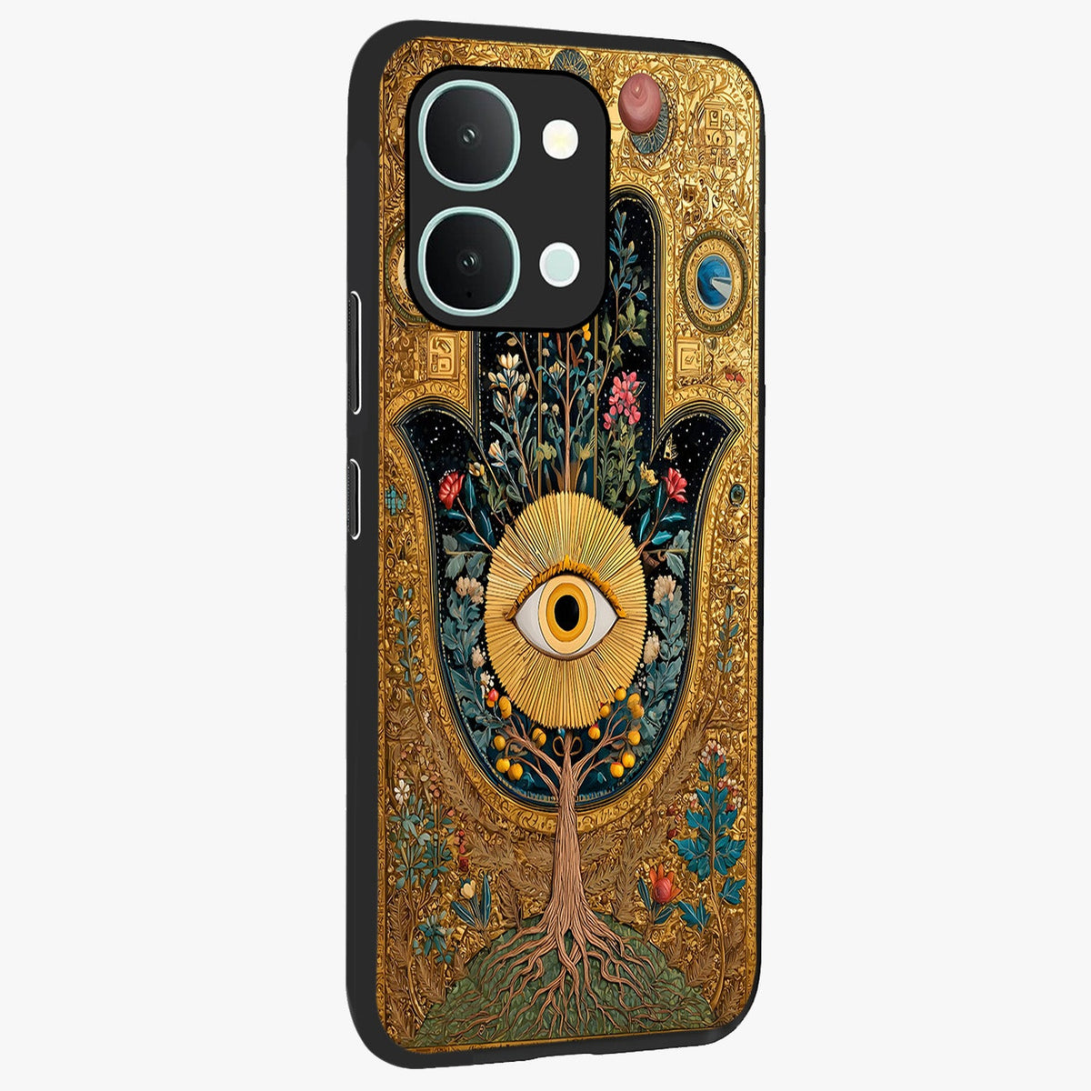 Ethereal Evil Eye Glass Case upright view showcasing celestial evil eye artwork with mystical theme.