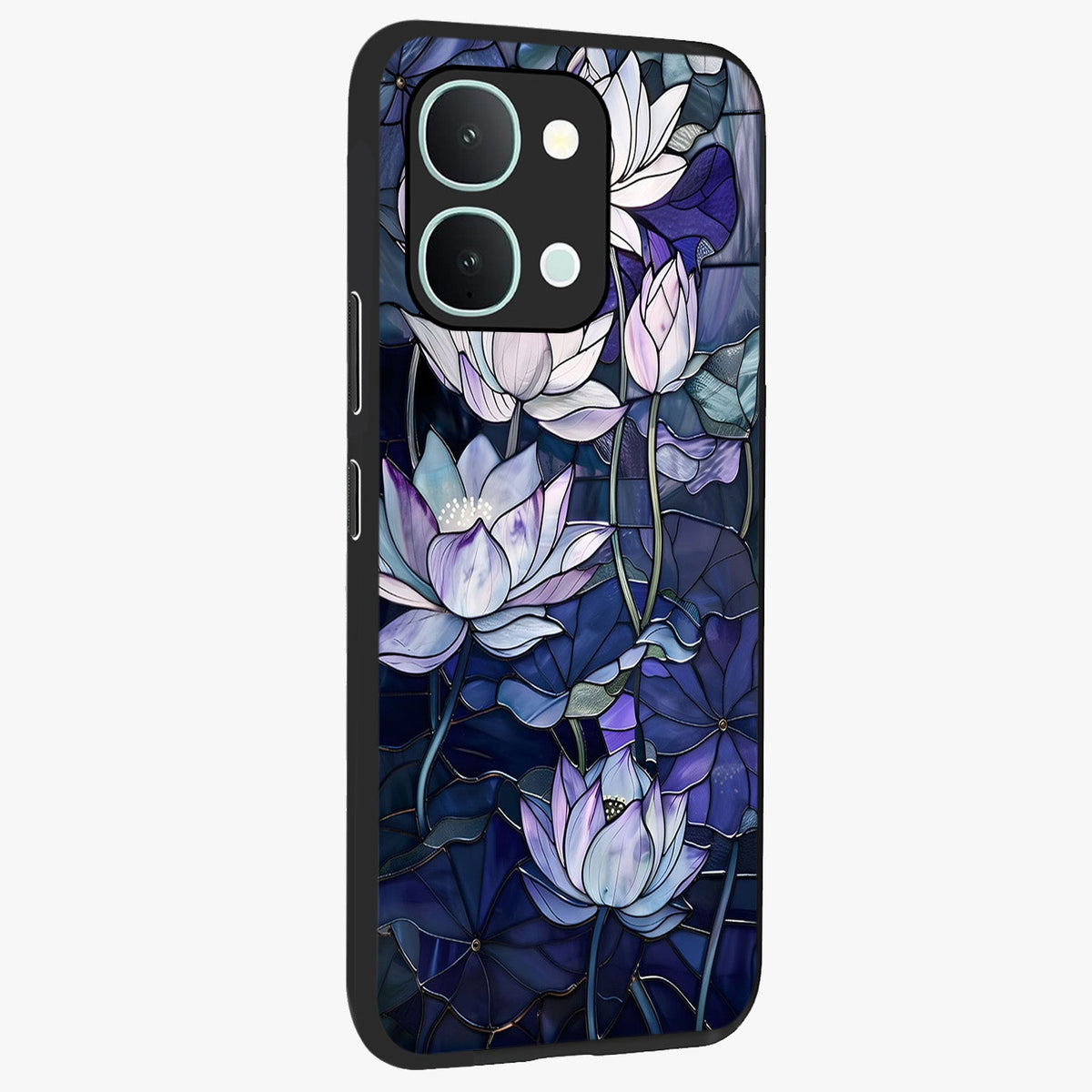 Gloss Petal Rush Glass Case upright view showcasing dynamic floral petal artwork with modern botanical theme.