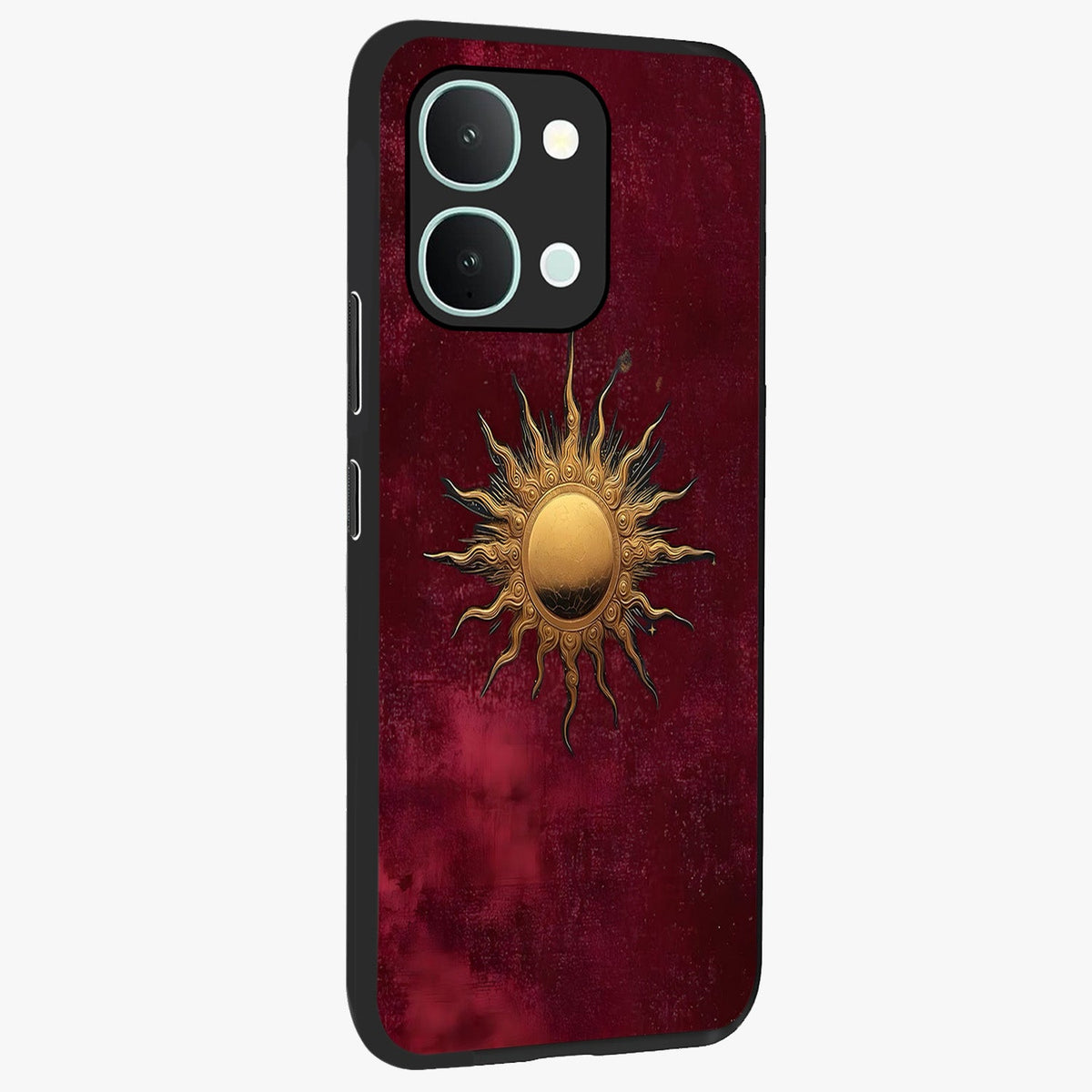 Golden Sun Minimalism Glass Case upright view showcasing simple golden sun artwork with elegant minimalist style.