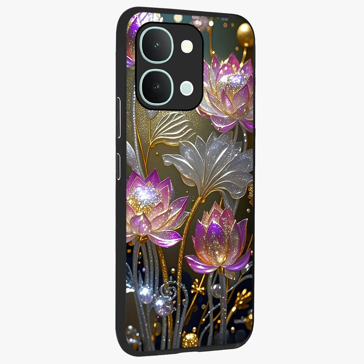Golden Floral Majesty Glass Case upright view showcasing majestic floral artwork with rich decorative theme.