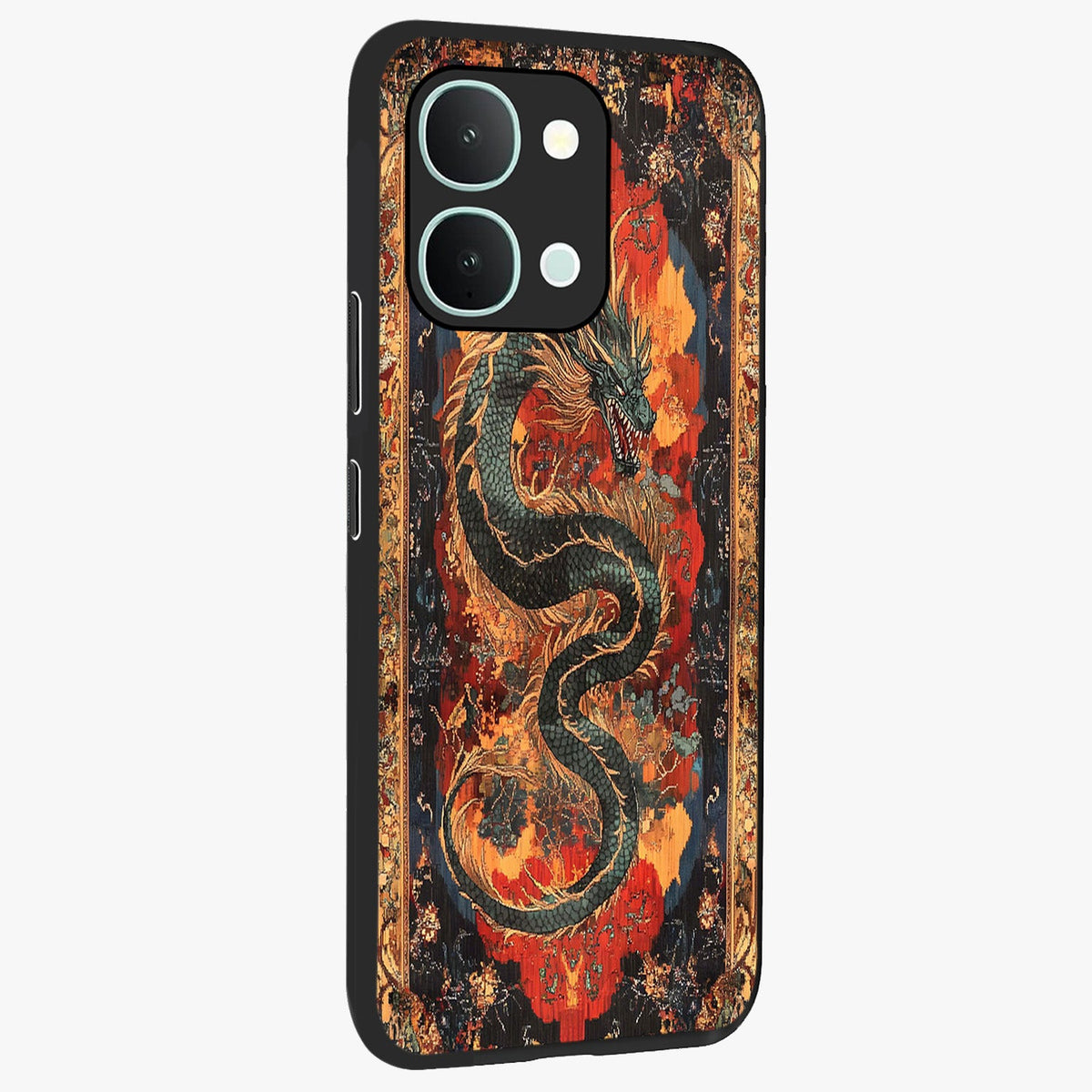Inferno Dragon Soul Glass Case upright view showcasing intense dragon artwork with fantasy fire theme.