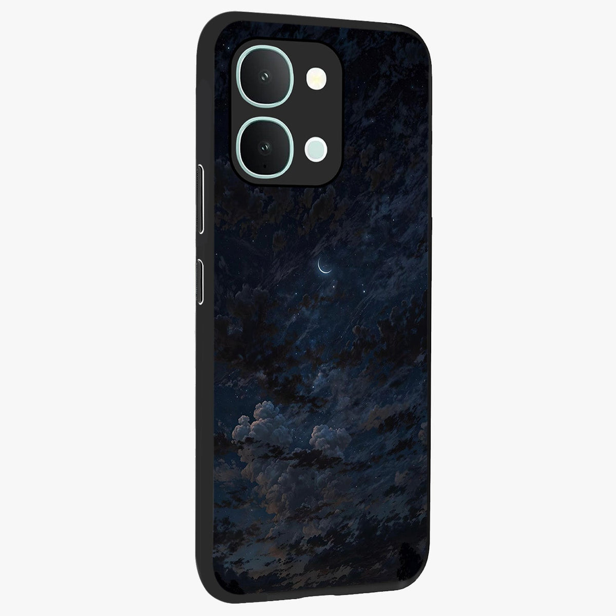 Lunar Veil Silence Glass Case upright view showcasing calm moon themed artwork with serene night atmosphere.
