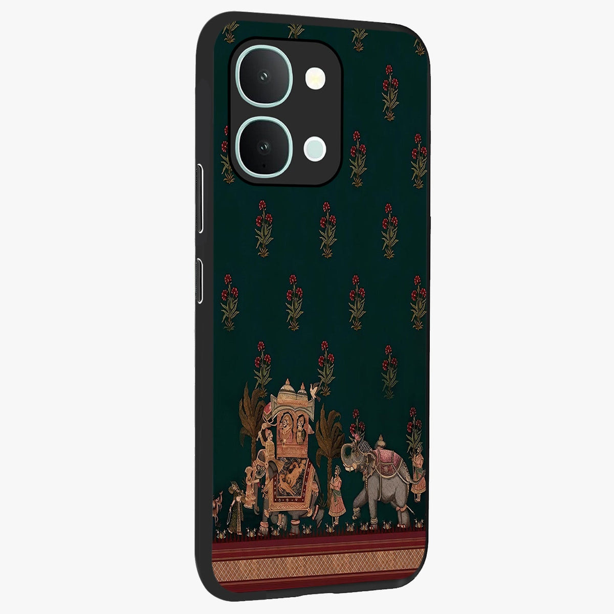 Macmerise Glass Case upright view showcasing bold artistic artwork with contemporary design theme.