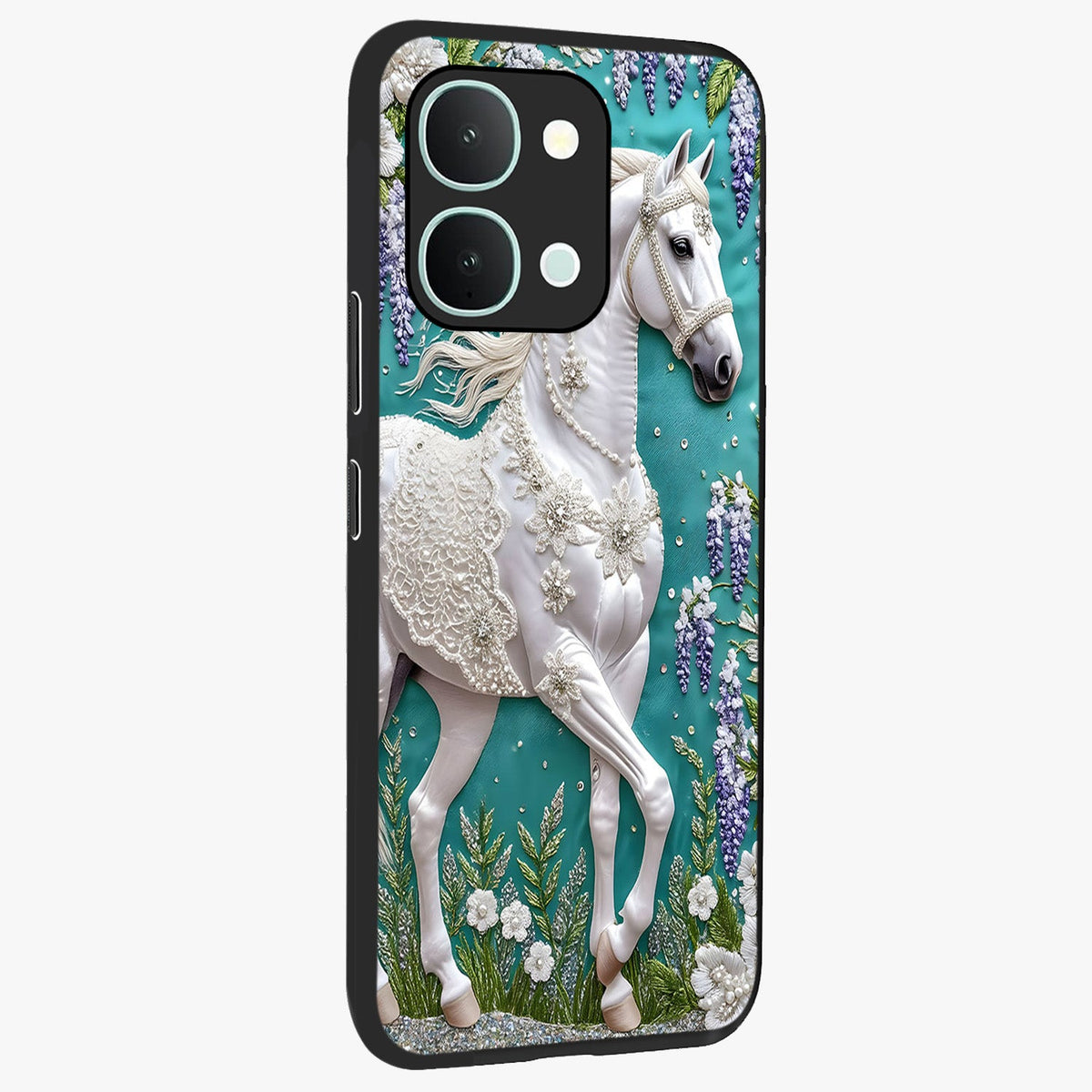 Majestic Floral Stallion Glass Case upright view showcasing dramatic horse artwork with decorative floral theme.