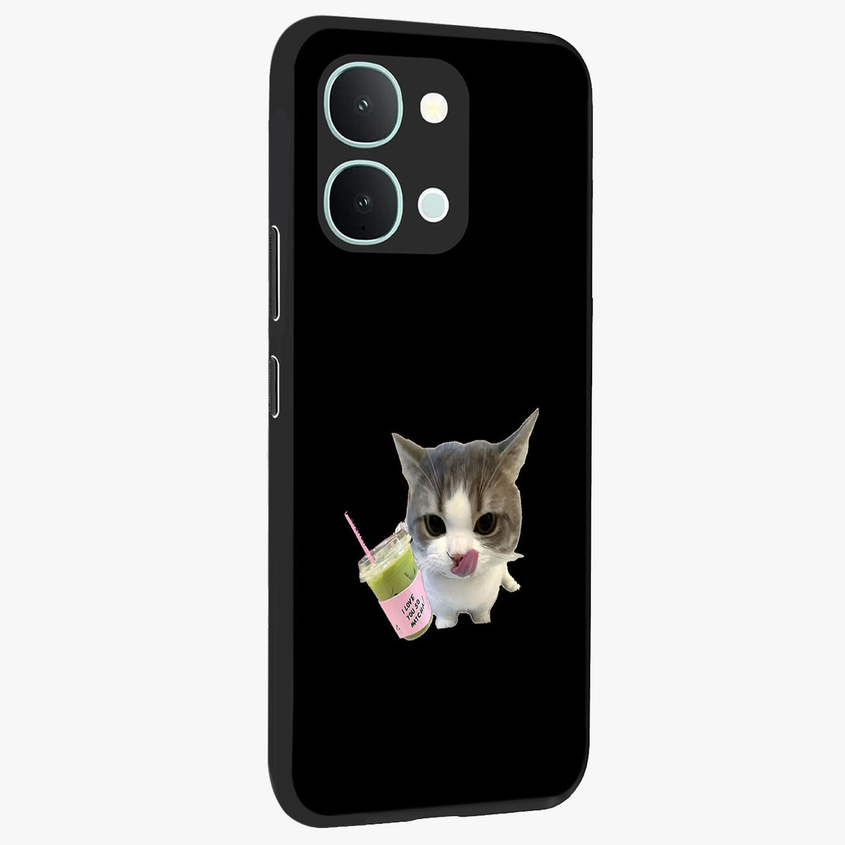 Matcha Cat Style Glass Case upright view showcasing charming cat artwork with cozy aesthetic theme.
