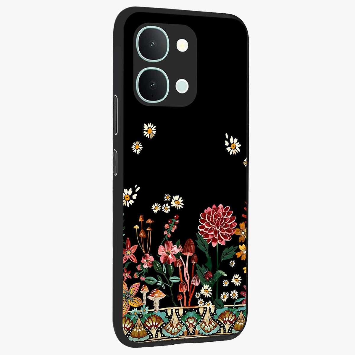 Midnight Bloom Pattern Glass Case upright view showcasing decorative floral artwork with deep night themed palette.