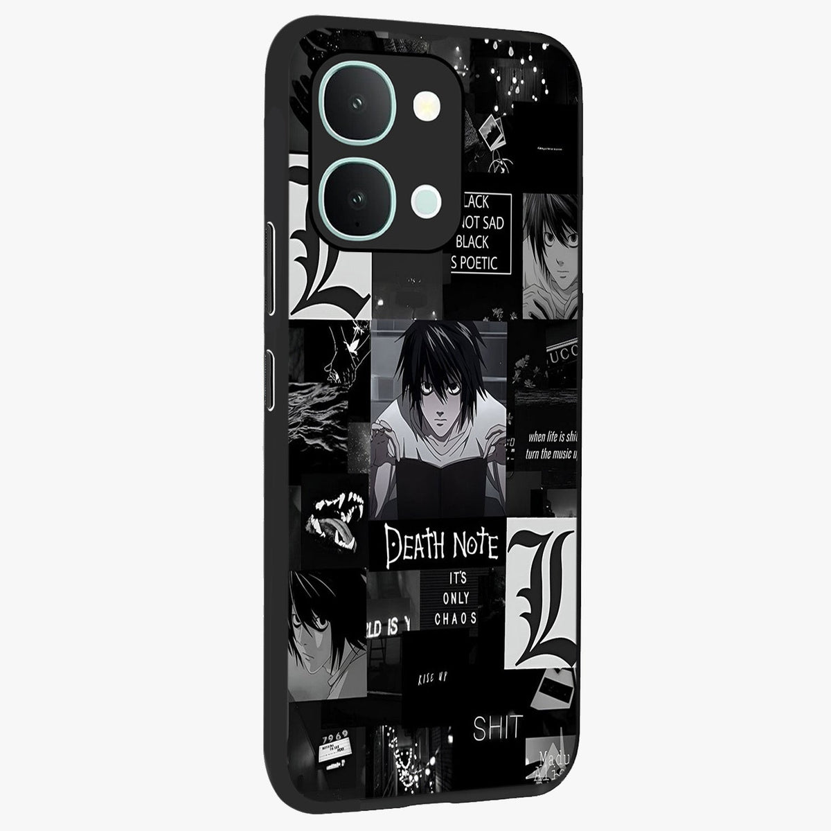 Midnight Chaos Mind Glass Case upright view showcasing expressive abstract artwork with bold dark theme.
