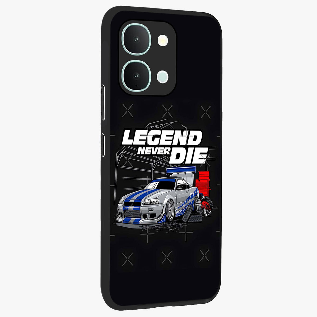 Midnight Racing Legacy Glass Case upright view showcasing powerful racing artwork with modern sports theme.