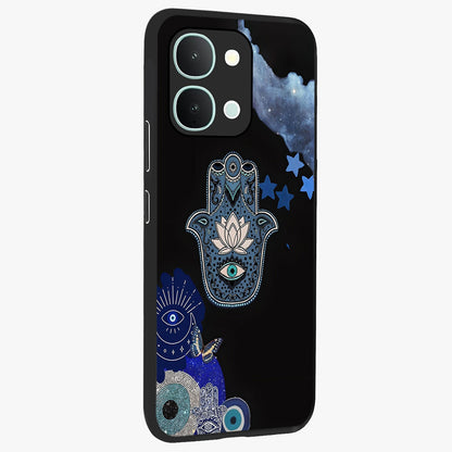 Mystic Hand Aura Glass Case upright view showcasing symbolic hand artwork with mystical energy theme.