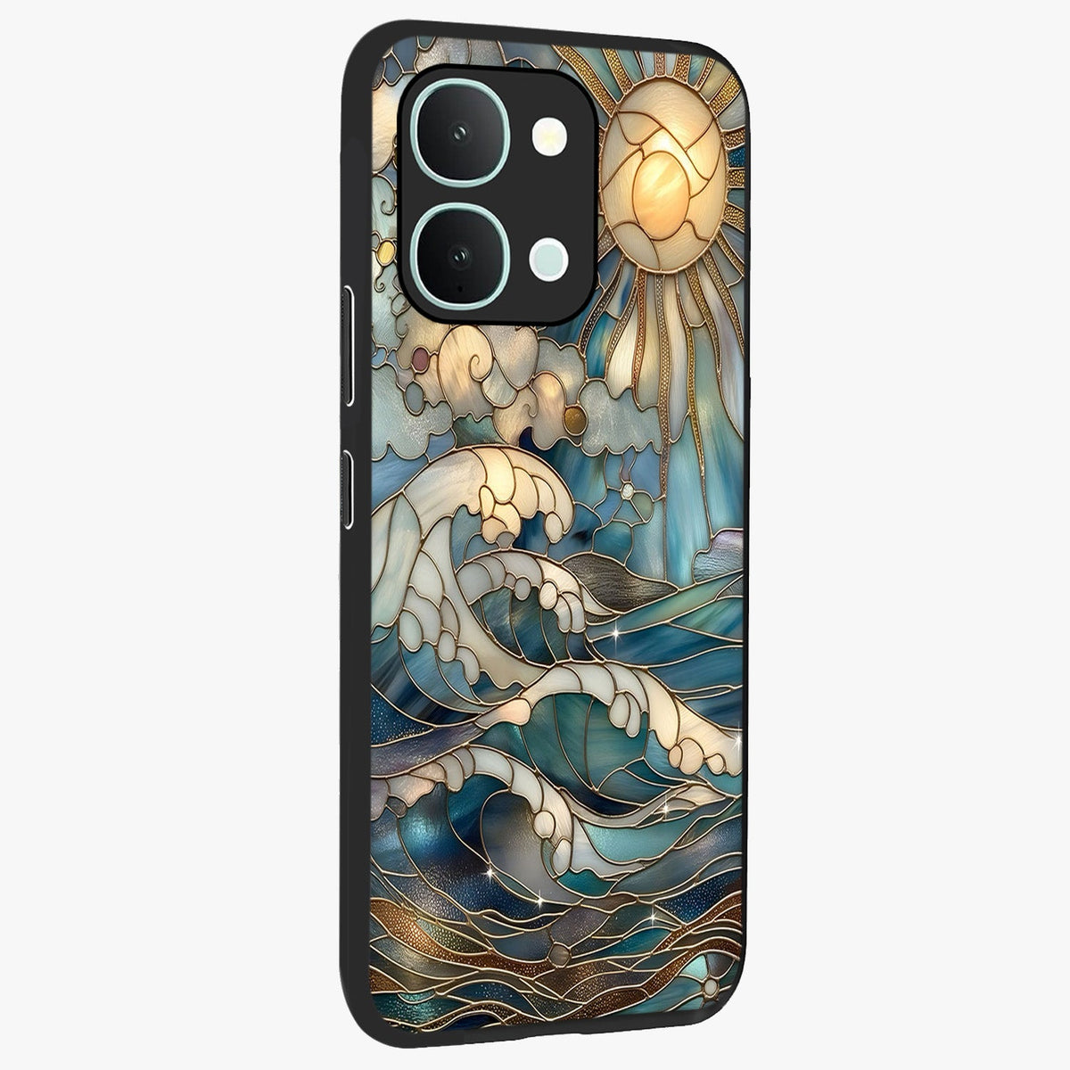 Oceanic Stained Printed Glass Case upright view showcasing decorative ocean pattern artwork with vibrant marine theme.