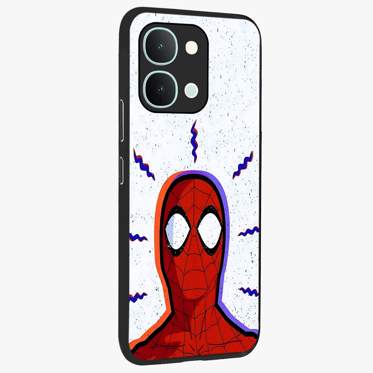 Omg Spiderman Glass Case upright view showcasing energetic superhero artwork with vibrant comic theme.