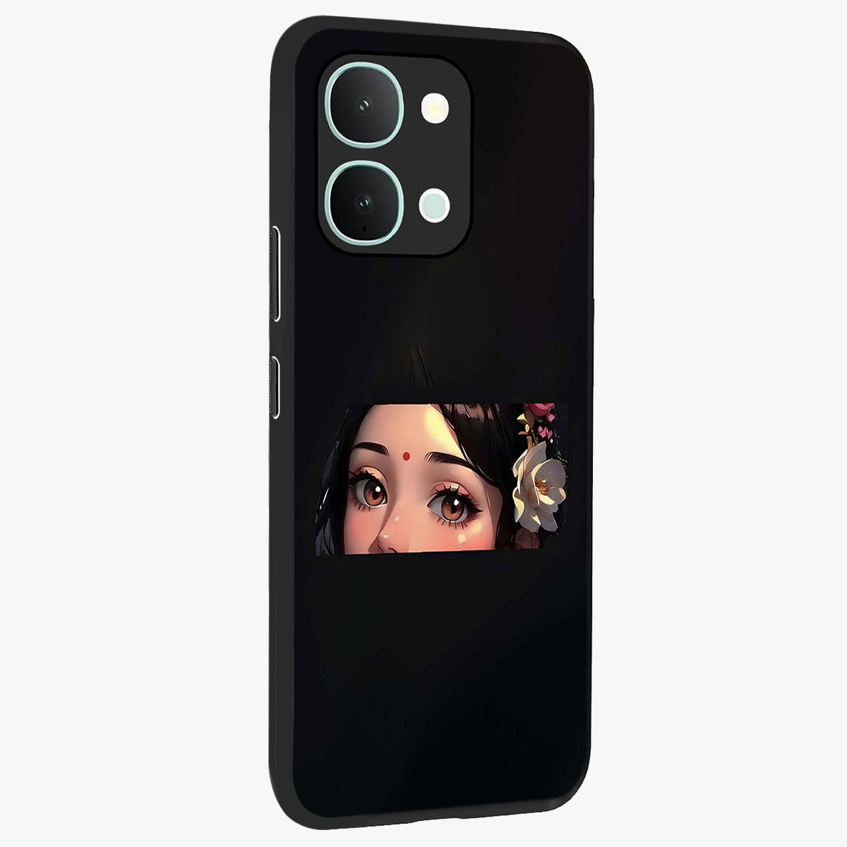 Radha Divine Embrace Glass Case upright view showcasing sacred Radha themed artwork with peaceful devotional style.
