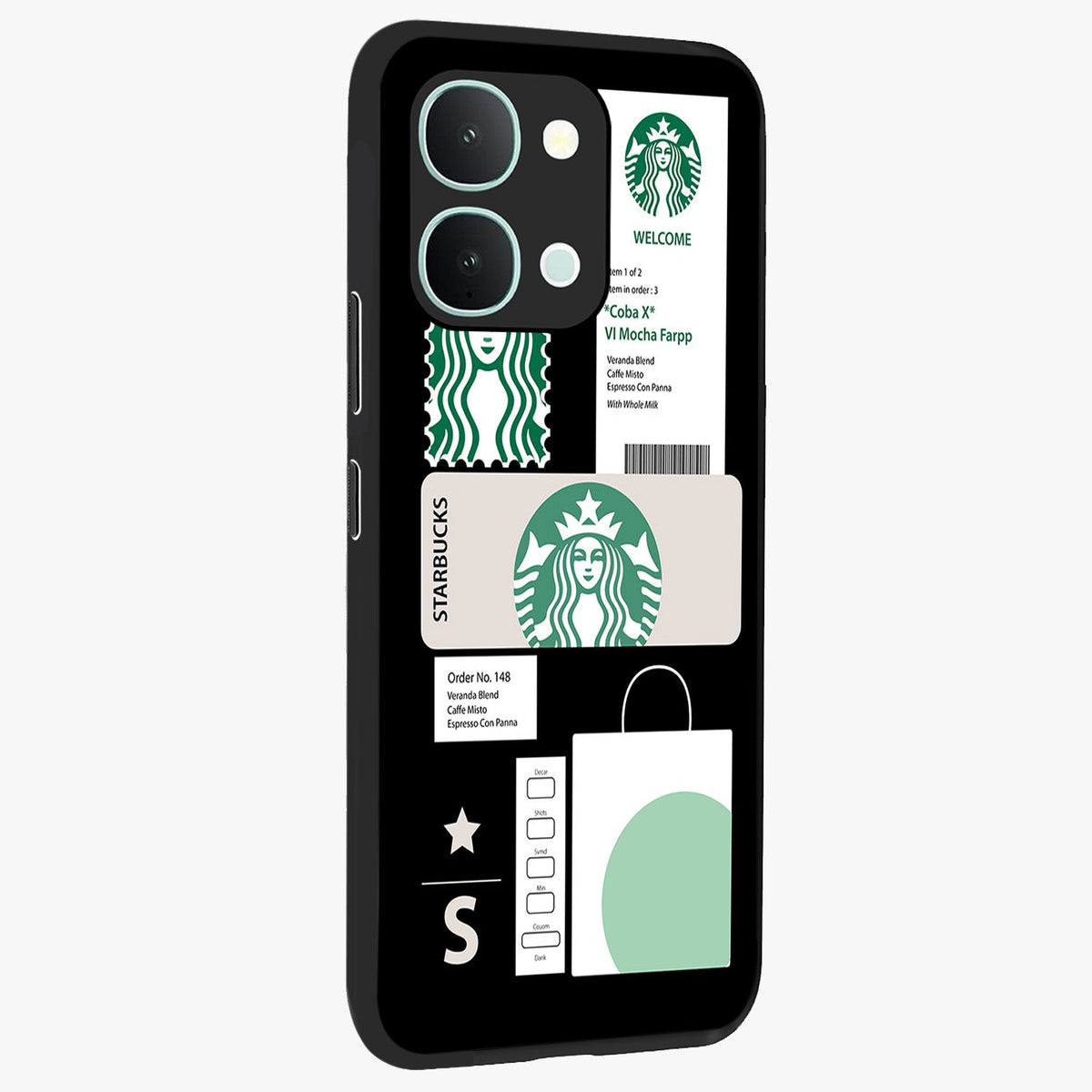 Starbucks Mocha Glass Case upright view showcasing trendy coffee inspired artwork with modern lifestyle theme.