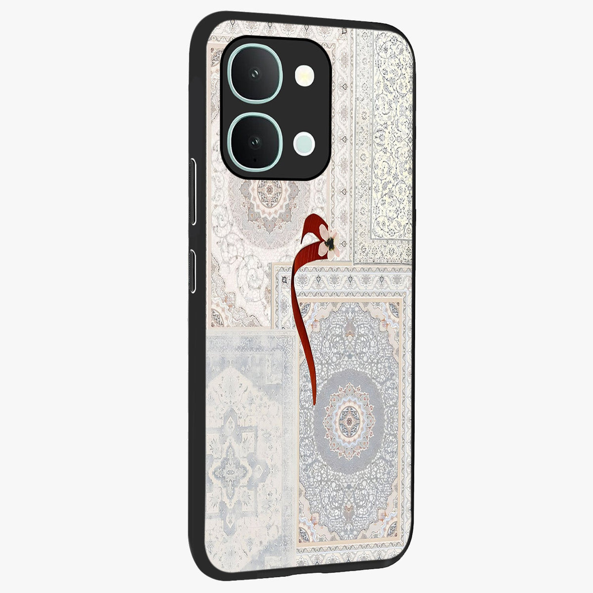 White Aesthetic Bow Glass Case upright view showcasing delicate ribbon bow artwork with cute minimalist theme.