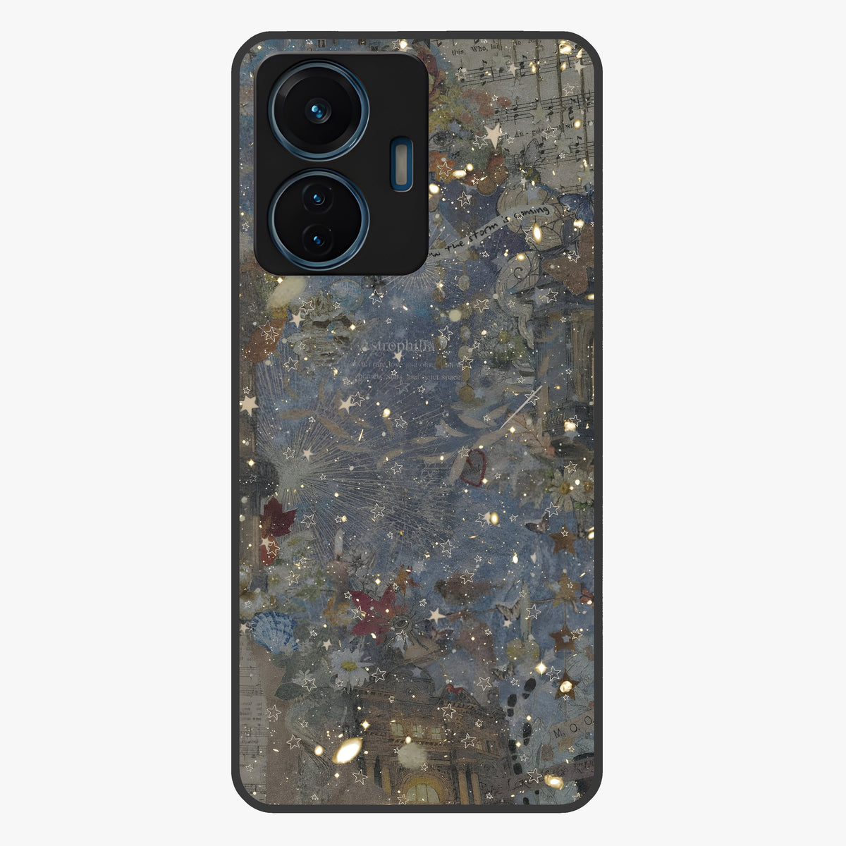Aesthetic Astrolophia Glass Case showing flat back view with dreamy aesthetic design and glossy glass finish.