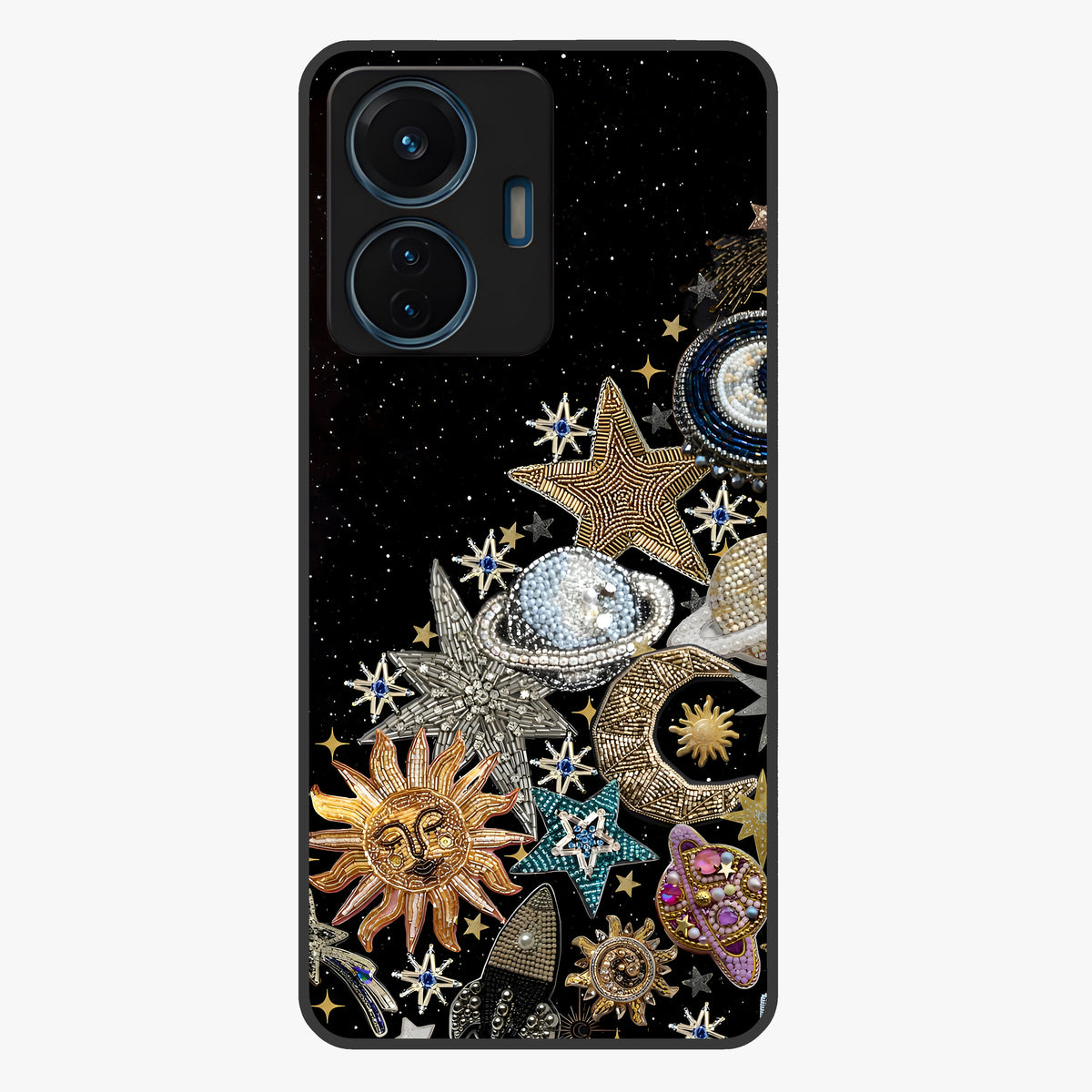 Cosmic Sparkle Dreams Glass Case showing flat back view with sparkling cosmic artwork and glossy glass finish.