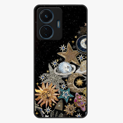 Cosmic Sparkle Dreams Glass Case showing flat back view with sparkling cosmic artwork and glossy glass finish.