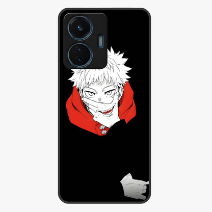 Crimson Chaos Smile Glass Case showing flat back view with bold chaotic smile artwork and glossy glass finish.