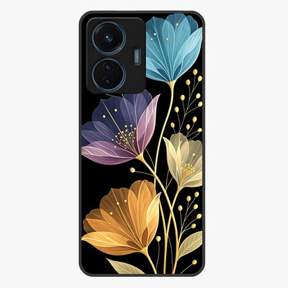 Delicate Multicolor Flowers Glass Case showing flat back view with vibrant floral artwork and glossy glass finish.