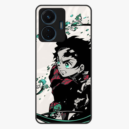 Demon Slayer Glass Case showing flat back view with bold anime inspired artwork and glossy glass finish.