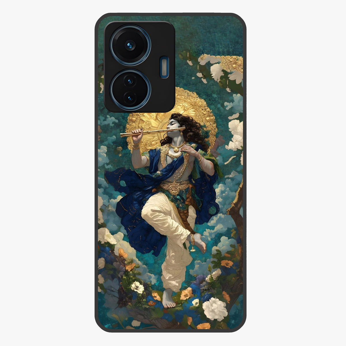 Divine Krishna Art Glass Case showing flat back view with Lord Krishna artwork and glossy glass finish.