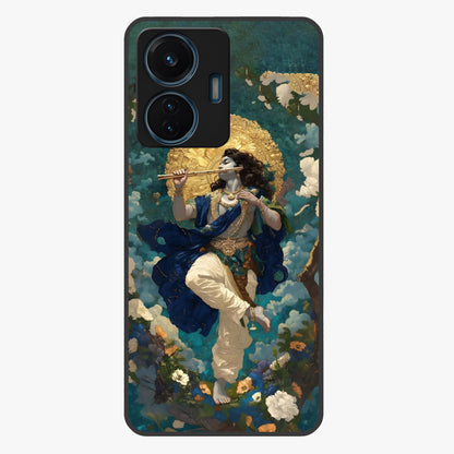 Divine Krishna Art Glass Case showing flat back view with Lord Krishna artwork and glossy glass finish.