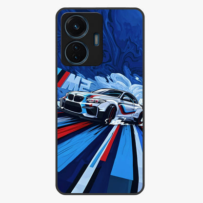 Drift Power Rush Glass Case showing flat back view with dynamic racing inspired artwork and glossy glass finish.