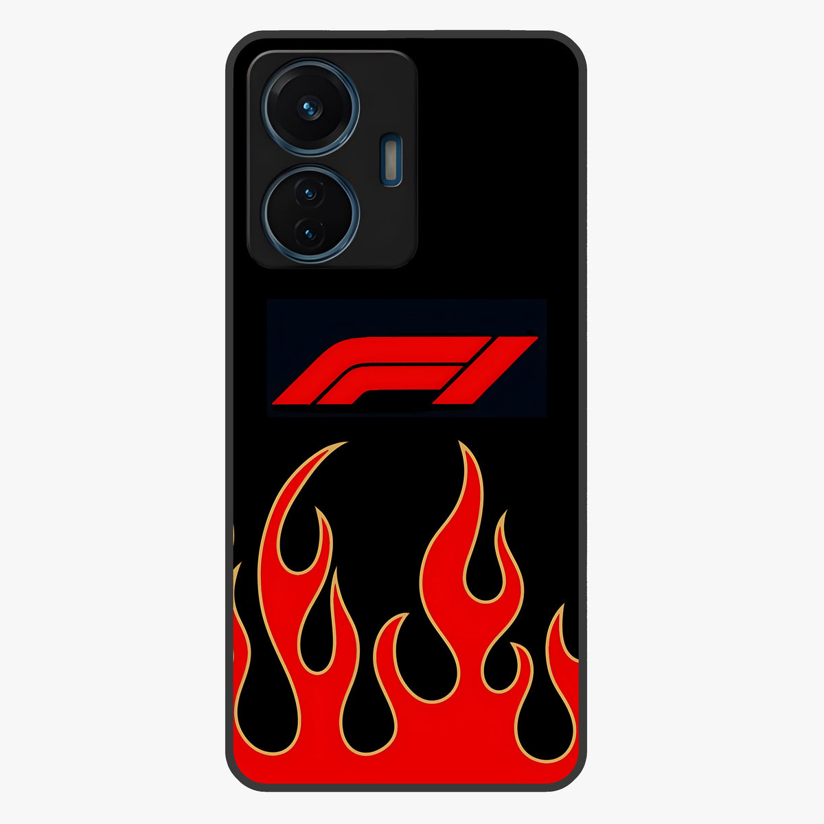 Fire F11 Glass Case showing flat back view with fiery themed artwork and glossy glass finish.