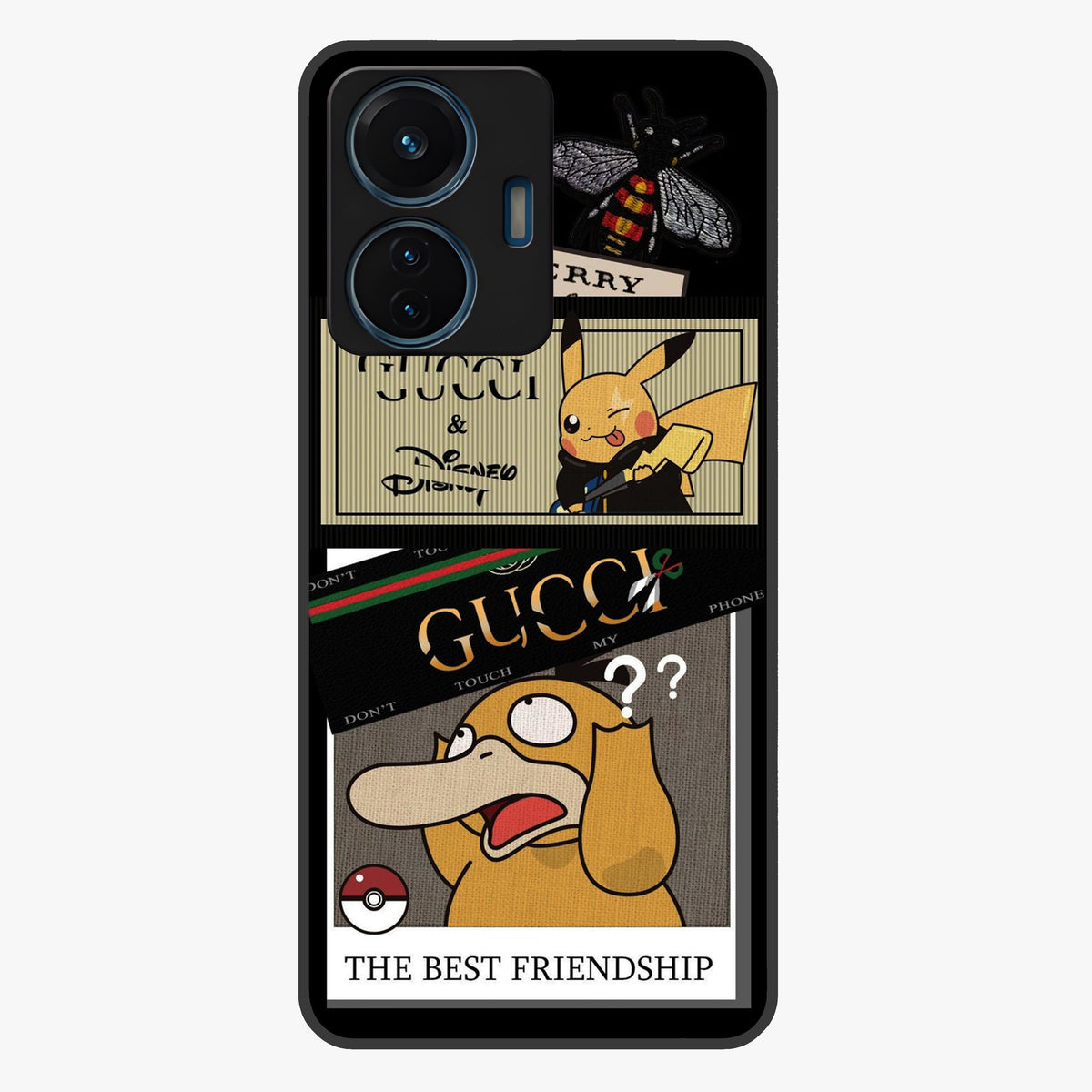 Gucci Play Mashup Glass Case showing flat back view with luxury inspired graphic artwork and glossy glass finish.
