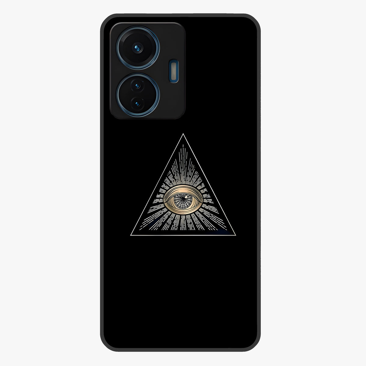 Illuminati Evil Glass Case showing flat back view with mysterious illuminati symbol artwork and glossy glass finish.