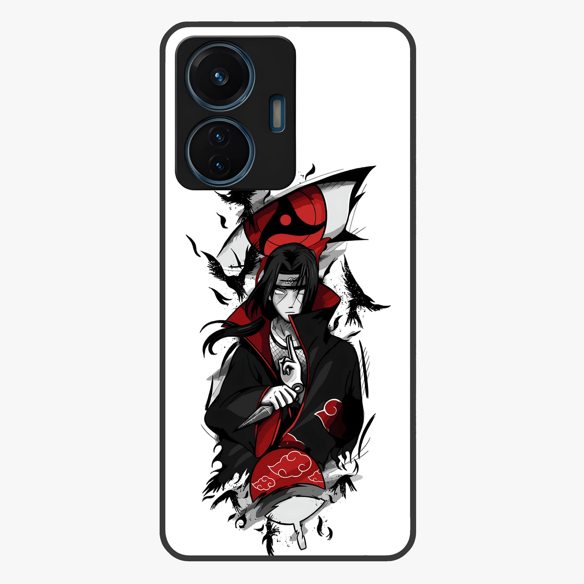 Itachi Sharingan Glass Case showing flat back view with powerful anime eye artwork and glossy glass finish.