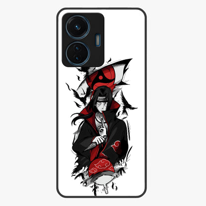 Itachi Sharingan Glass Case showing flat back view with powerful anime eye artwork and glossy glass finish.