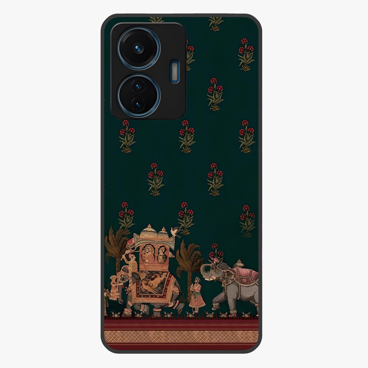 Macmerise Glass Case showing flat back view with stylish modern artwork and glossy glass finish.
