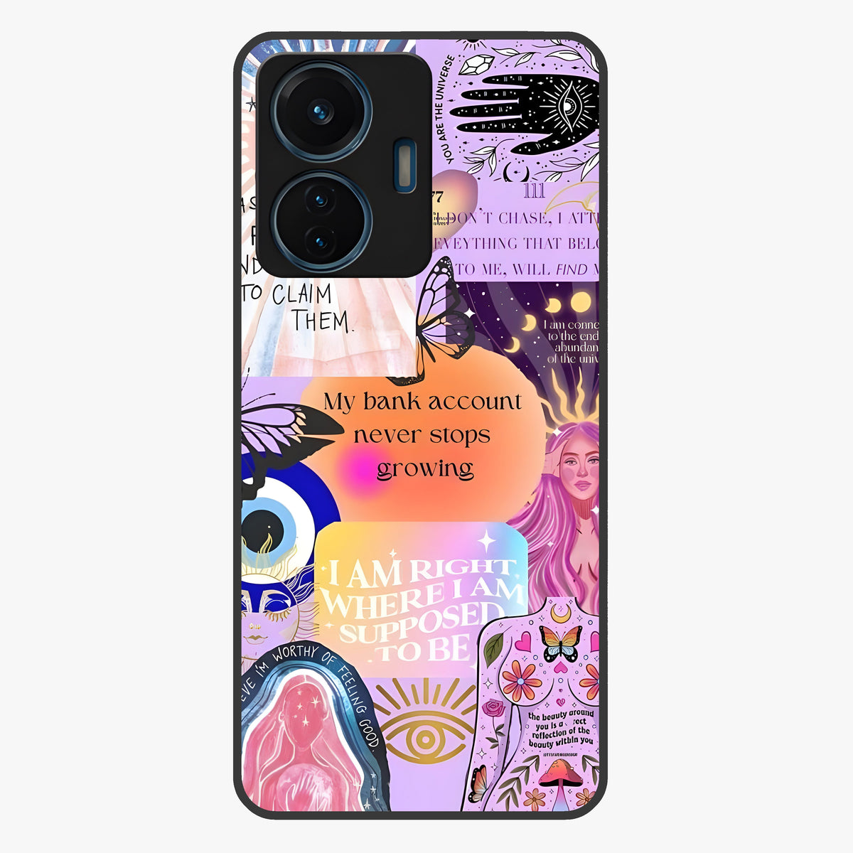Manifestation Collage Glass Case showing flat back view with motivational collage artwork and glossy glass finish.