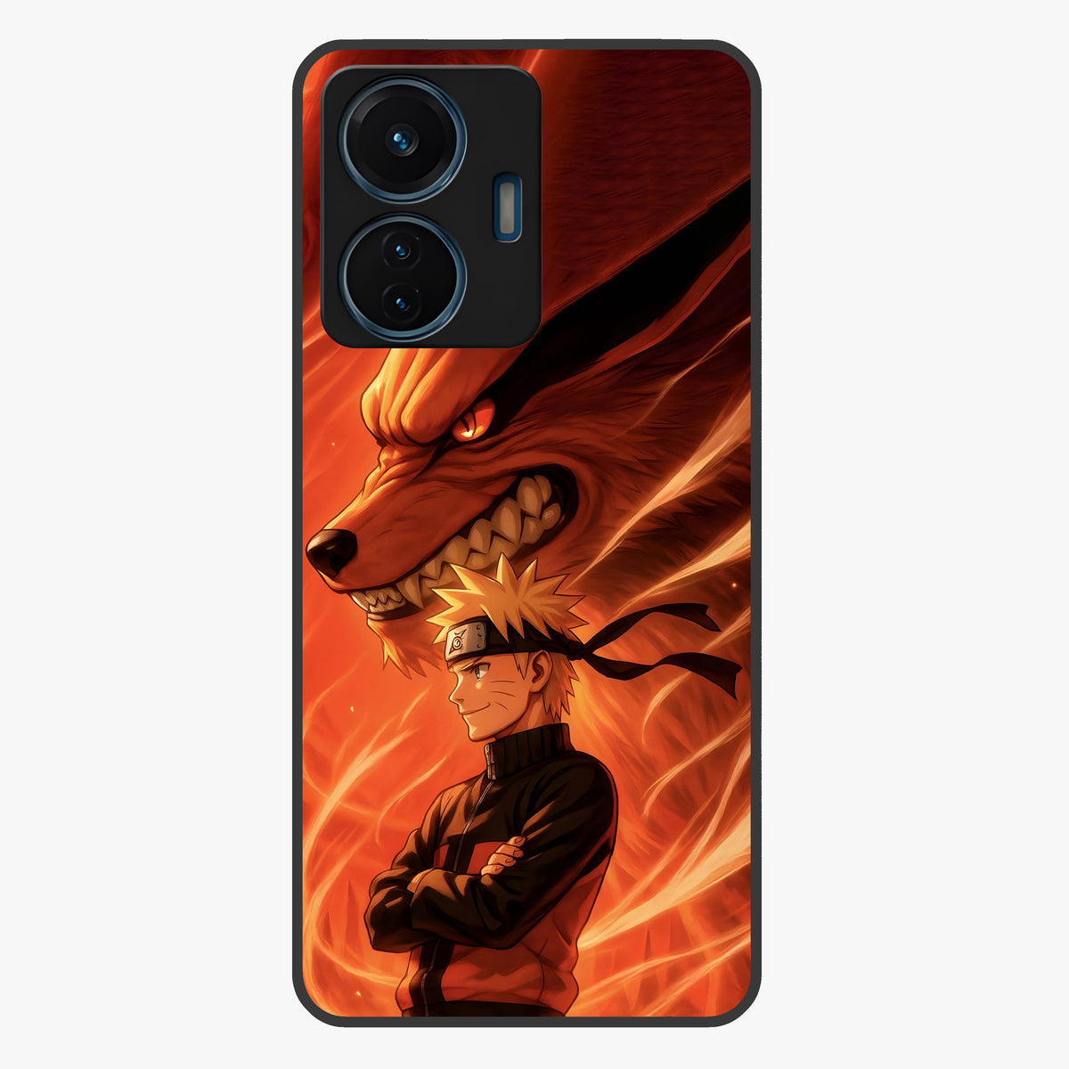 Nine Tails Legacy Glass Case showing flat back view with powerful nine-tailed fox inspired artwork and glossy glass finish.